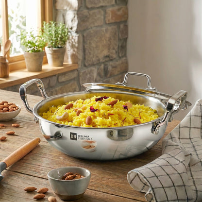 Bergner Tripro Stainless Steel Kadhai 24 cm | 2.5L Induction Friendly Kadai with Lid