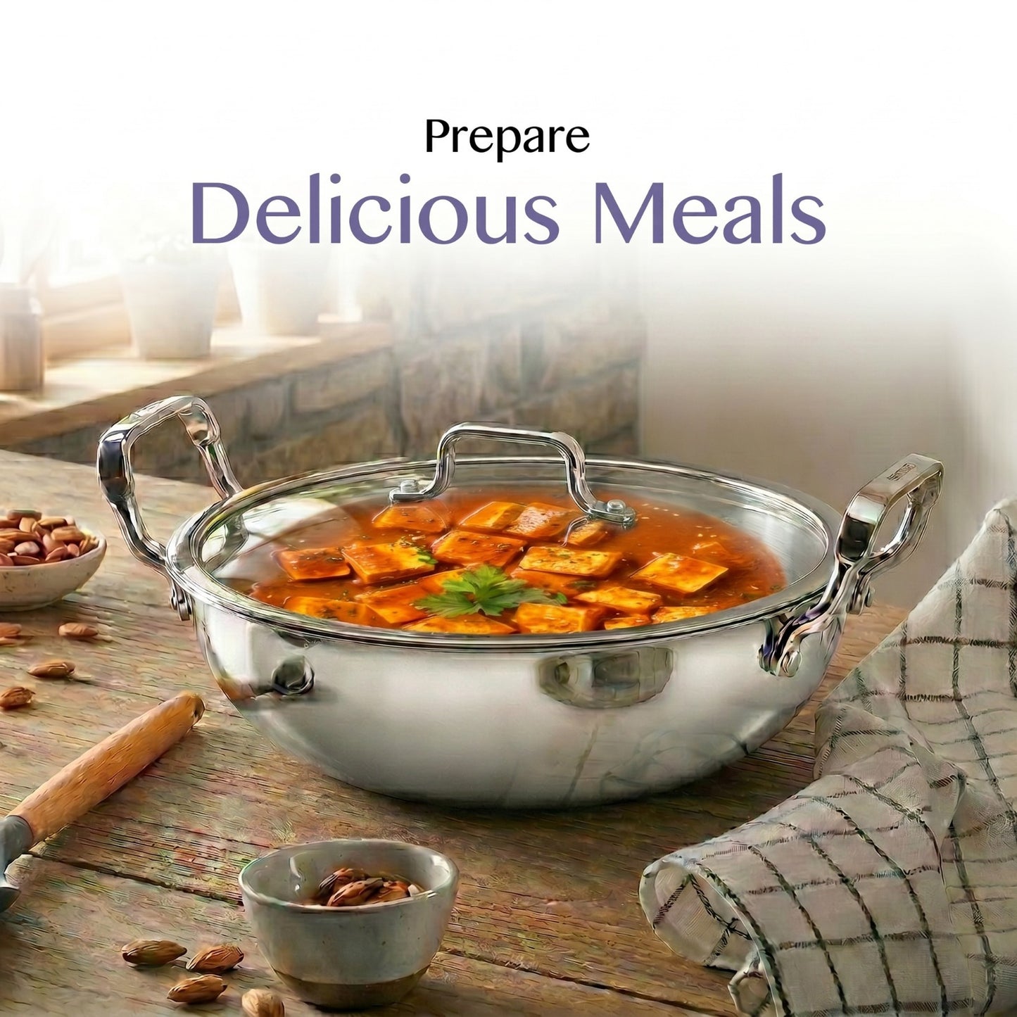 Bergner Tripro Stainless Steel Kadhai 24 cm | 2.5L Induction Friendly Kadai with Lid