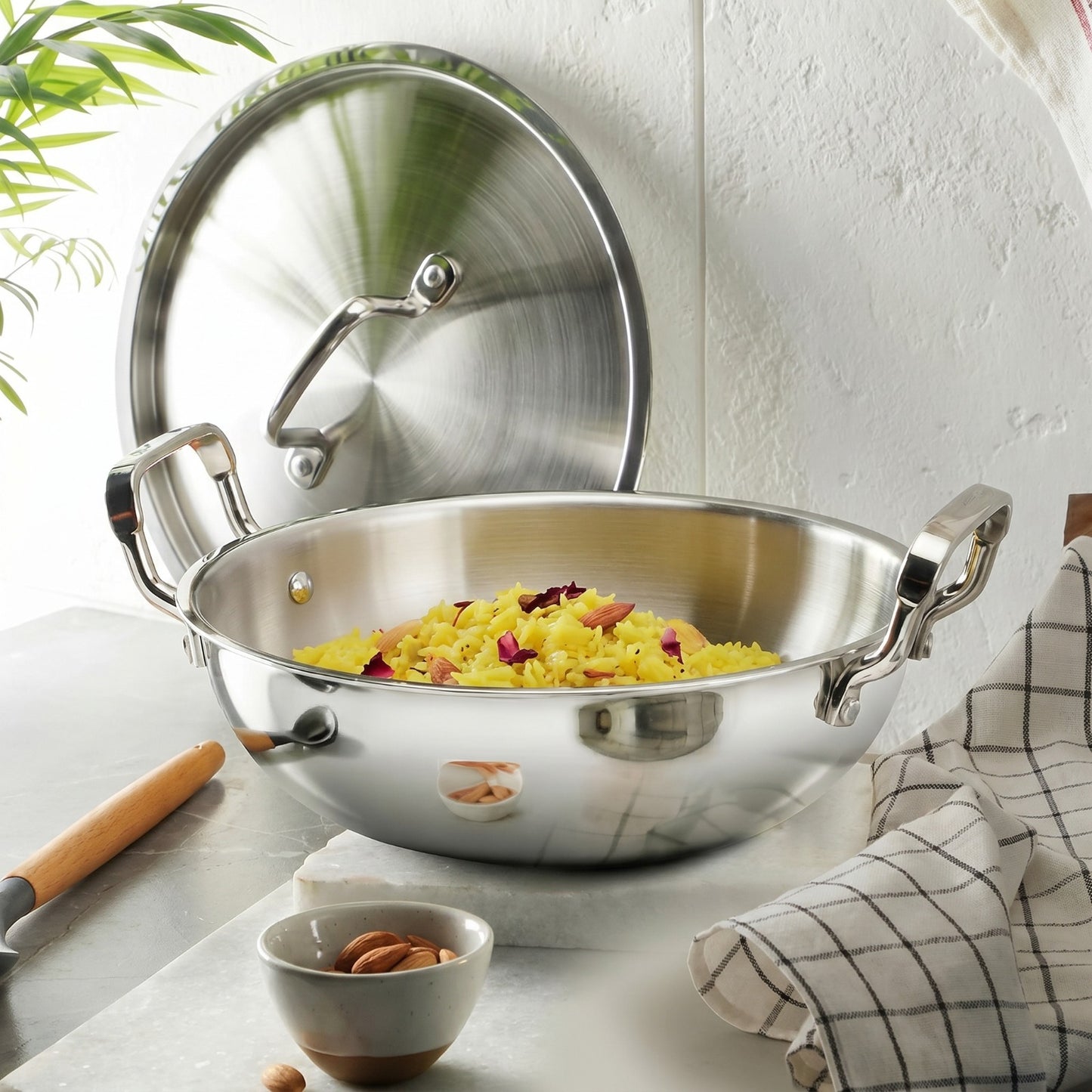 Bergner Tripro Stainless Steel Kadhai 24 cm | 2.5L Induction Friendly Kadai with Lid