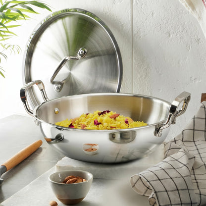 Bergner Tripro Stainless Steel Kadhai 24 cm | 2.5L Induction Friendly Kadai with Lid