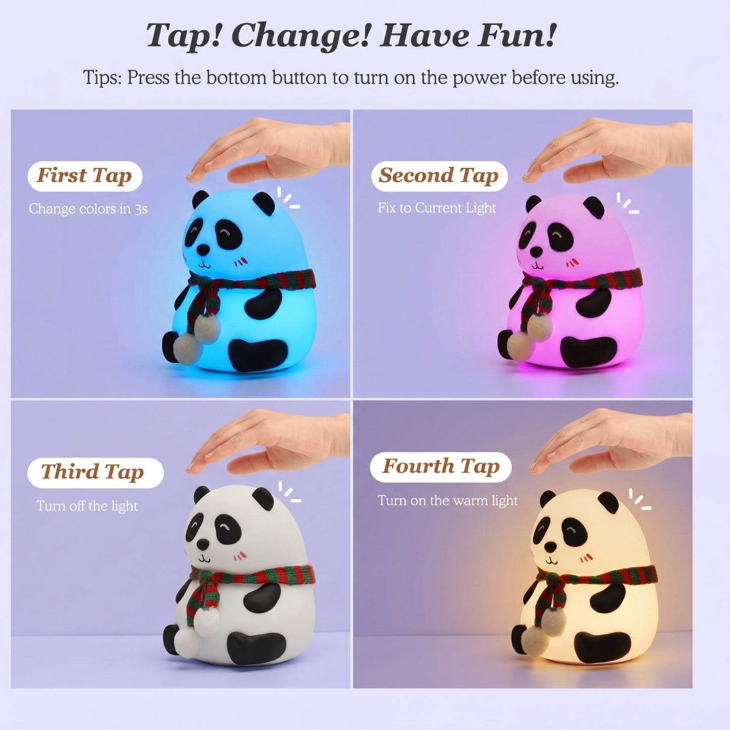Cute Panda Night Light for Kids – Silicone Touch Lamp with 6 Color Changing LED, USB Rechargeable (14 cm, Multicolor)