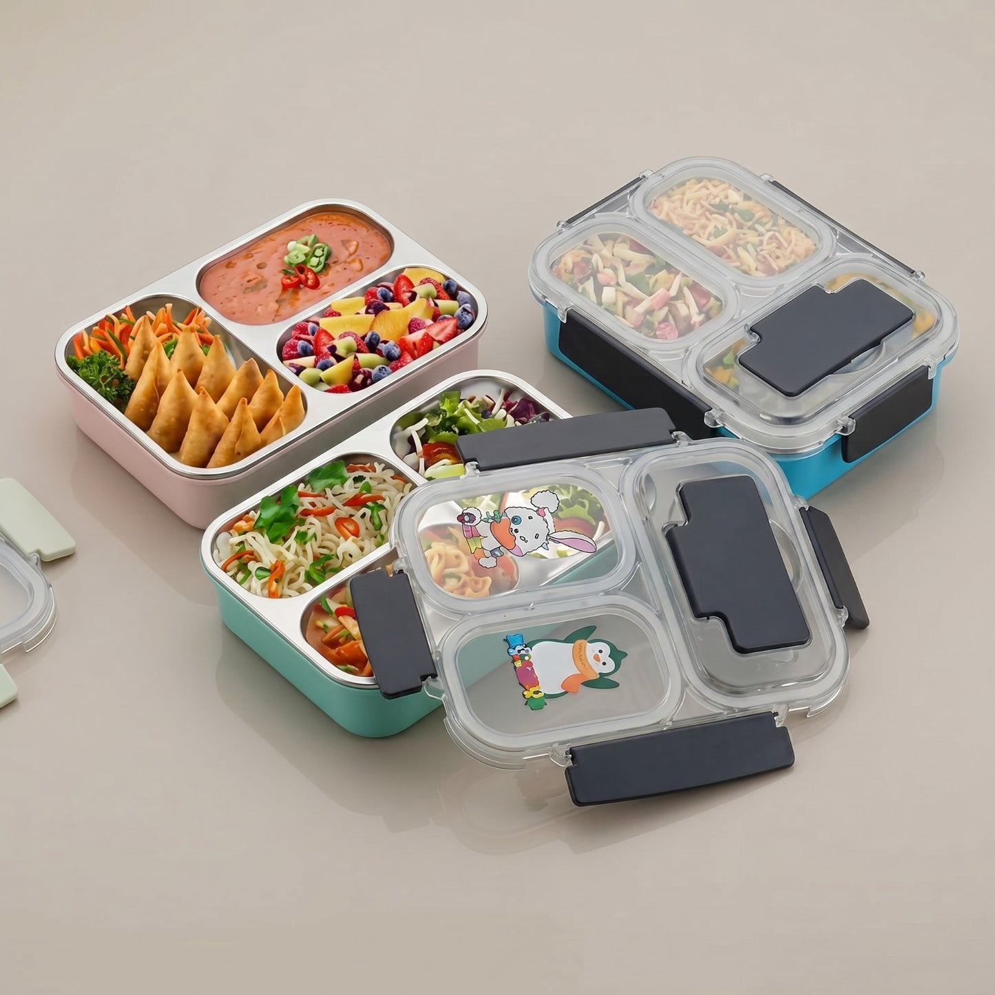Stainless Steel Lunch Box with Spoon & Fork – 3 Compartment Insulated Tiffin Box (600 ml, Leakproof)
