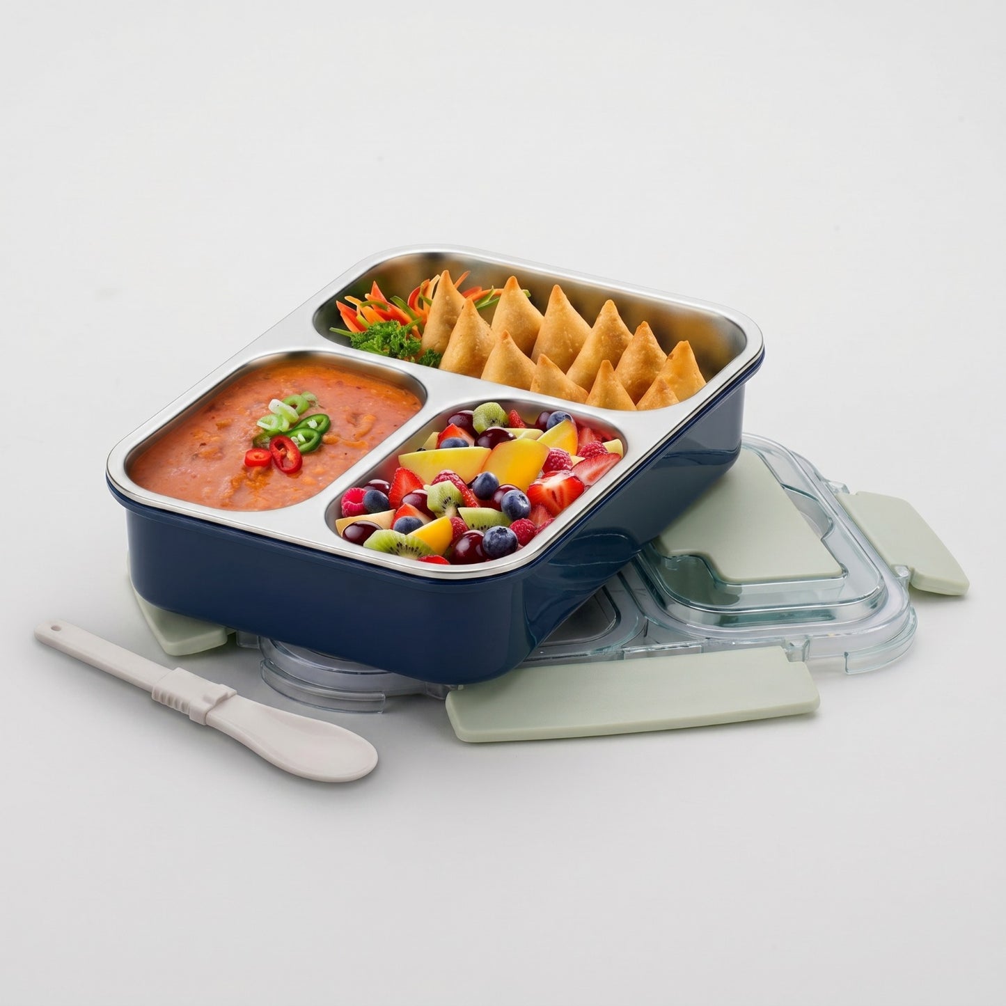 Stainless Steel Lunch Box with Spoon & Fork – 3 Compartment Insulated Tiffin Box (600 ml, Leakproof)