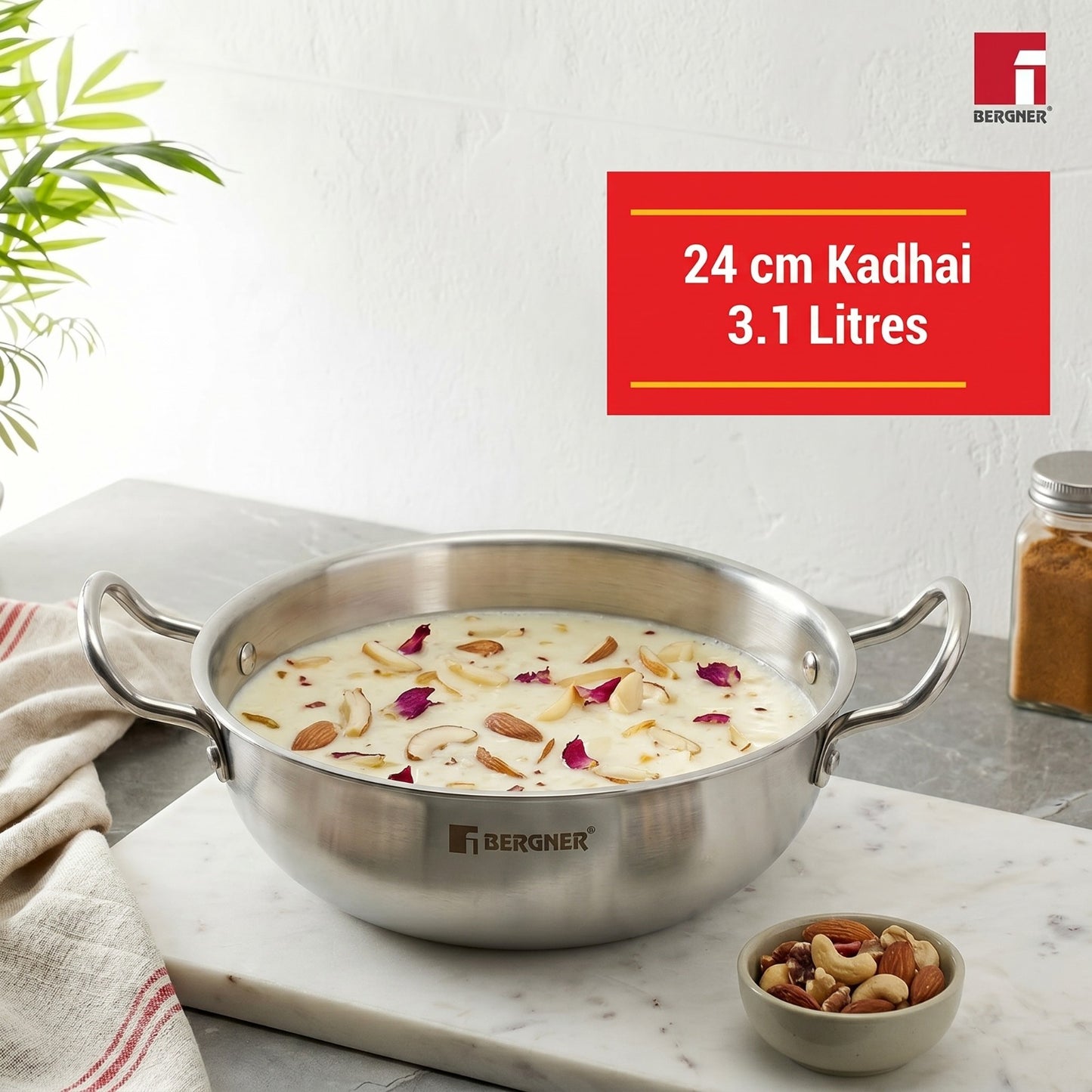 BERGNER Tripro Triply Stainless Steel Kadai & Teapan Cookware Set with Lid Induction Bottom (3 Piece, Silver)