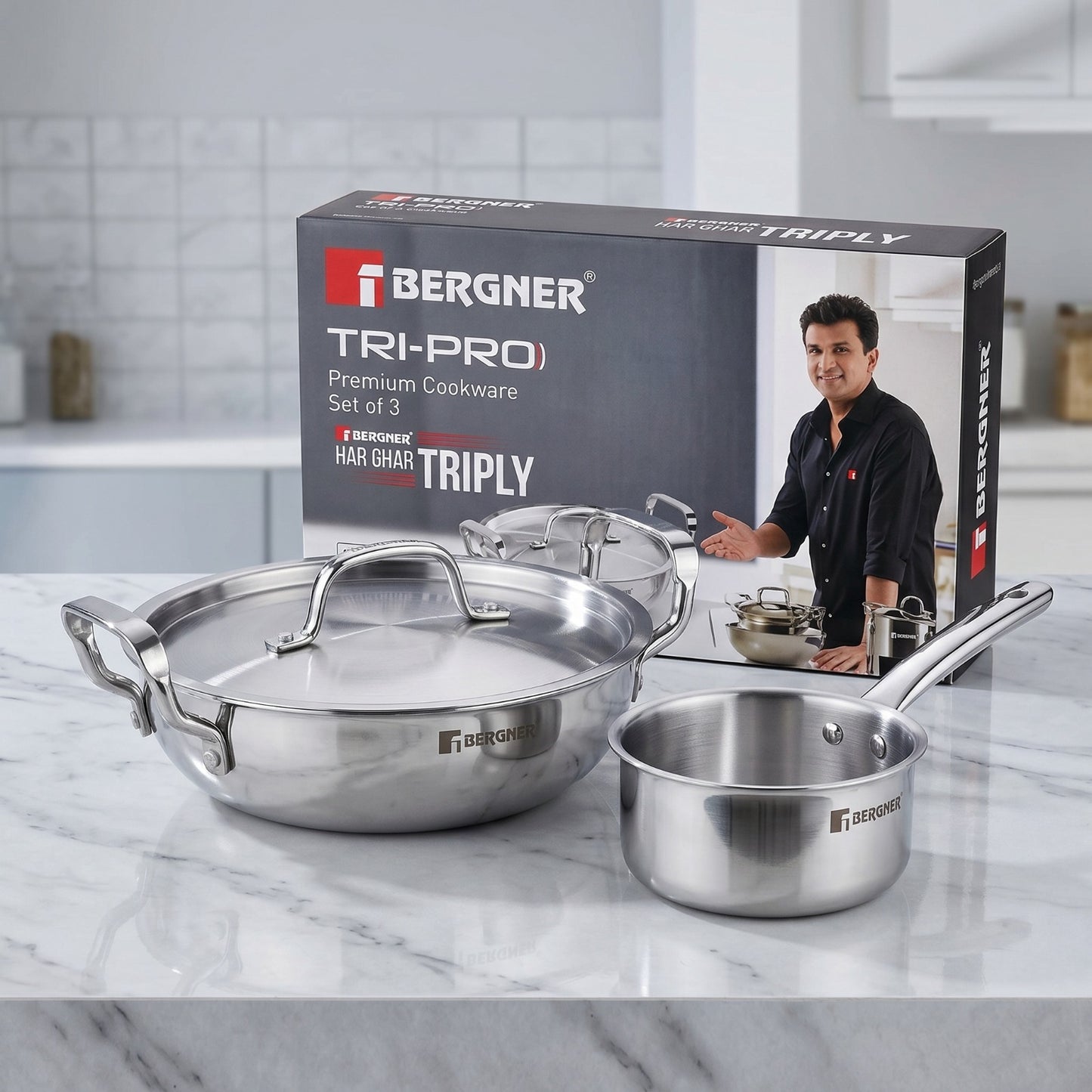 BERGNER Tripro Triply Stainless Steel Kadai & Teapan Cookware Set with Lid Induction Bottom (3 Piece, Silver)