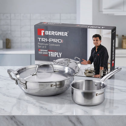 BERGNER Tripro Triply Stainless Steel Kadai & Teapan Cookware Set with Lid Induction Bottom (3 Piece, Silver)