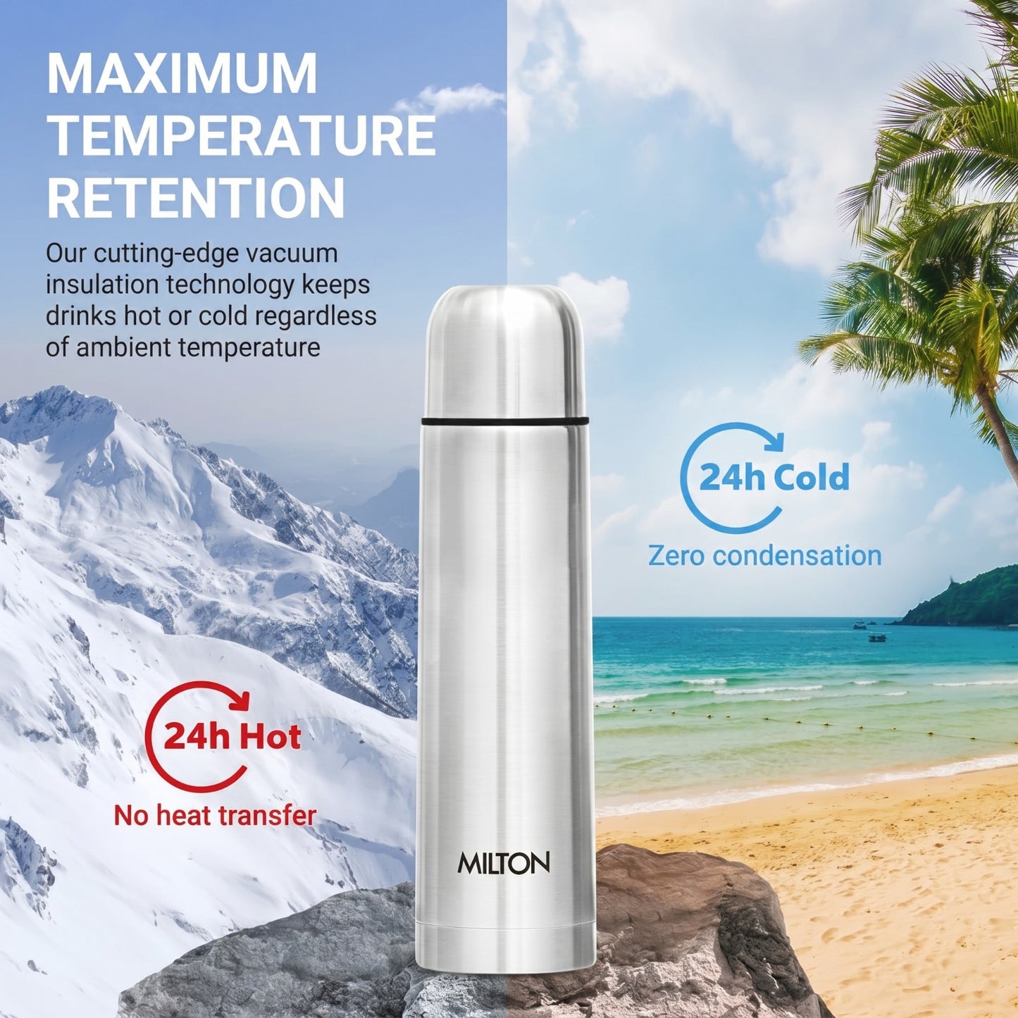 Milton Flip Lid 500ml Thermosteel Water Bottle – 24Hr Hot & Cold, ISI Certified, Leakproof (Silver)