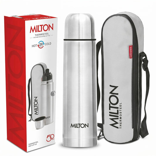Milton Flip Lid 500ml Thermosteel Water Bottle – 24Hr Hot & Cold, ISI Certified, Leakproof (Silver)