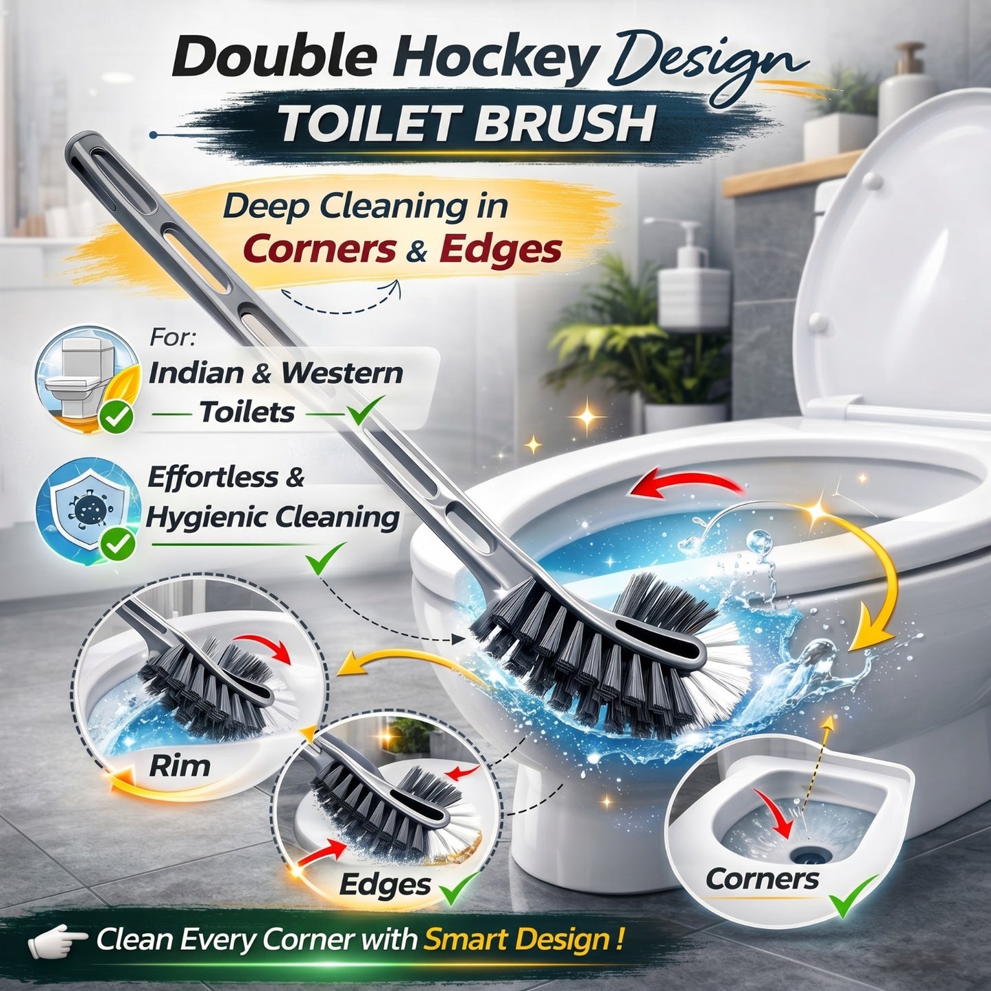 Double-Sided Flexible Toilet Brush – Hockey Design Bathroom Cleaning Brush Multicolour)