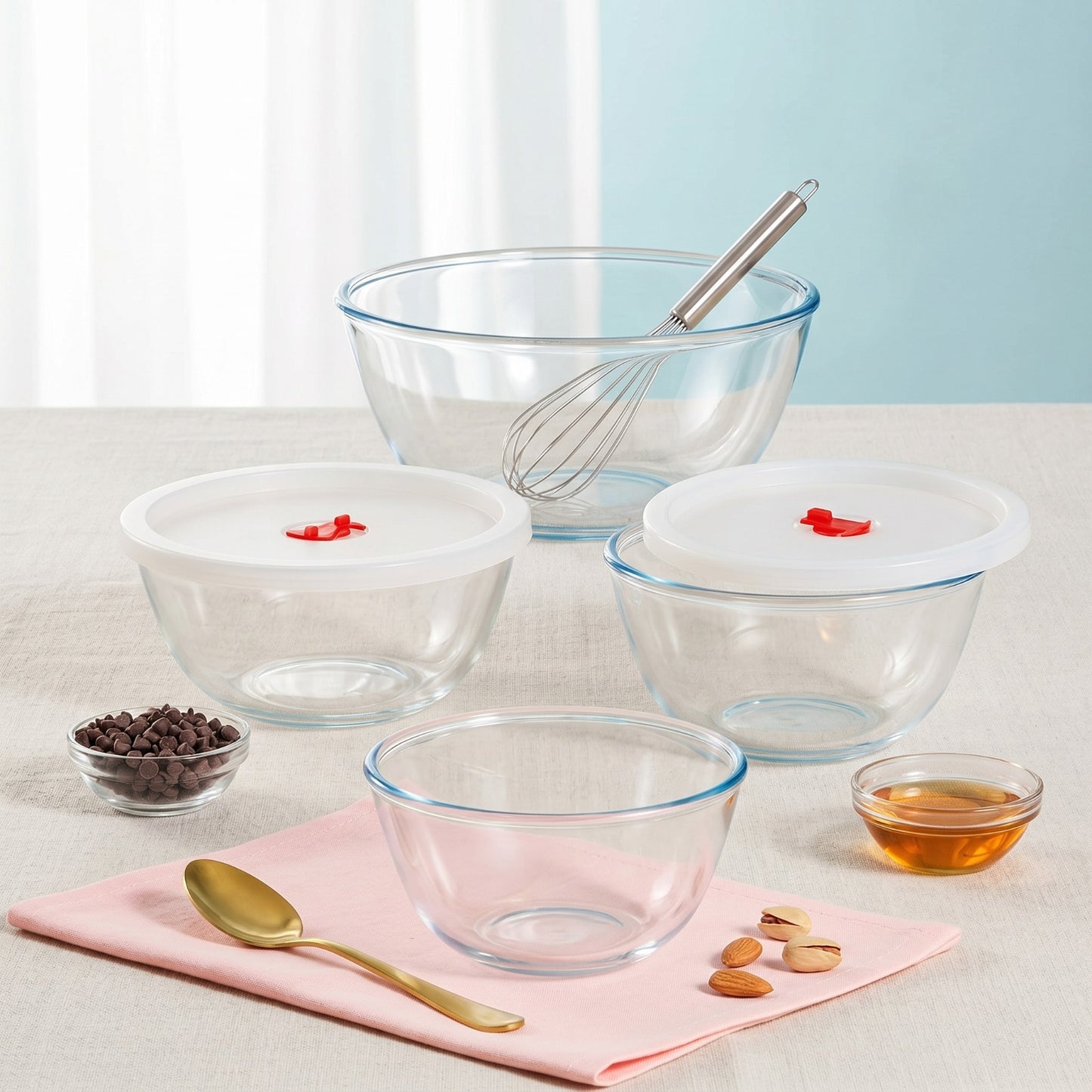 Borosil Glass Mixing & Serving Bowl Set with Lid (750ml + 1L + 1.5L) – Microwave Safe Borosilicate Bowls