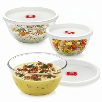 Borosil Glass Mixing & Serving Bowl Set with Lid (750ml + 1L + 1.5L) – Microwave Safe Borosilicate Bowls