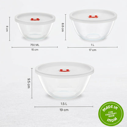 Borosil Glass Mixing & Serving Bowl Set with Lid (750ml + 1L + 1.5L) – Microwave Safe Borosilicate Bowls