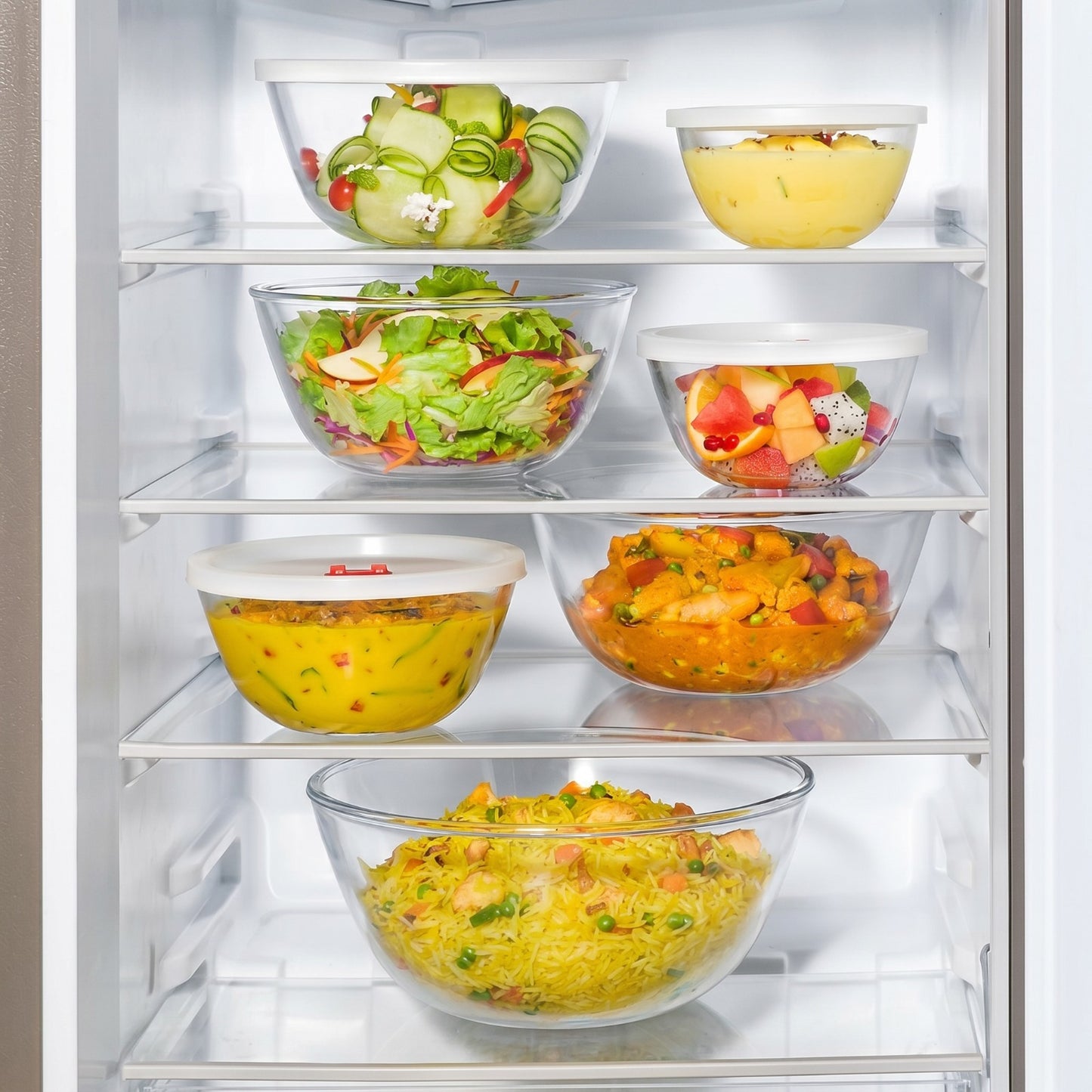 Borosil Glass Mixing & Serving Bowl Set with Lid (750ml + 1L + 1.5L) – Microwave Safe Borosilicate Bowls