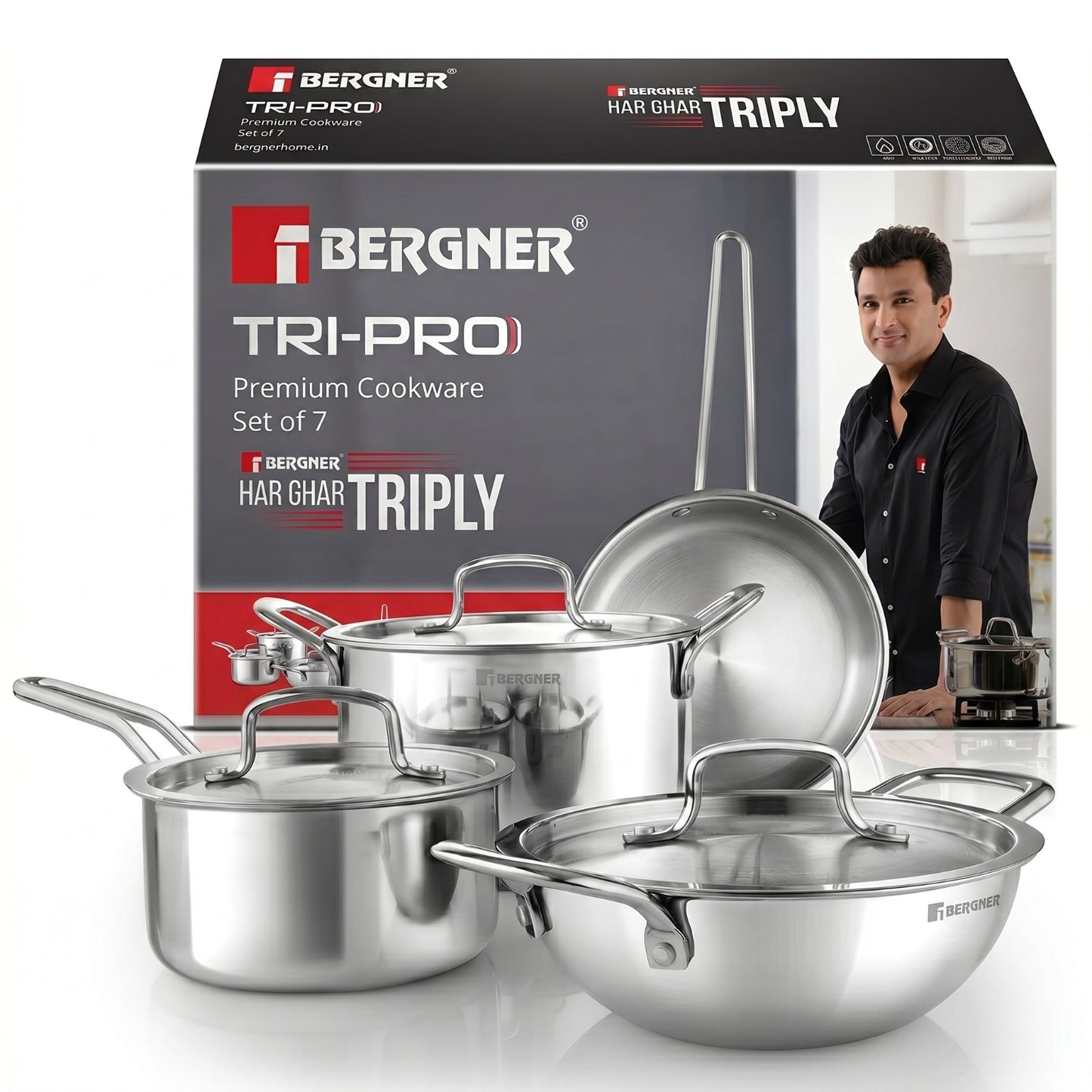 BERGNER Tripro Triply Stainless Steel 7 Piece Cookware Set with Induction Bottom & Lids (Steel)