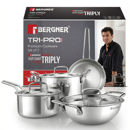 BERGNER Tripro Triply Stainless Steel 7 Piece Cookware Set with Induction Bottom & Lids (Steel)