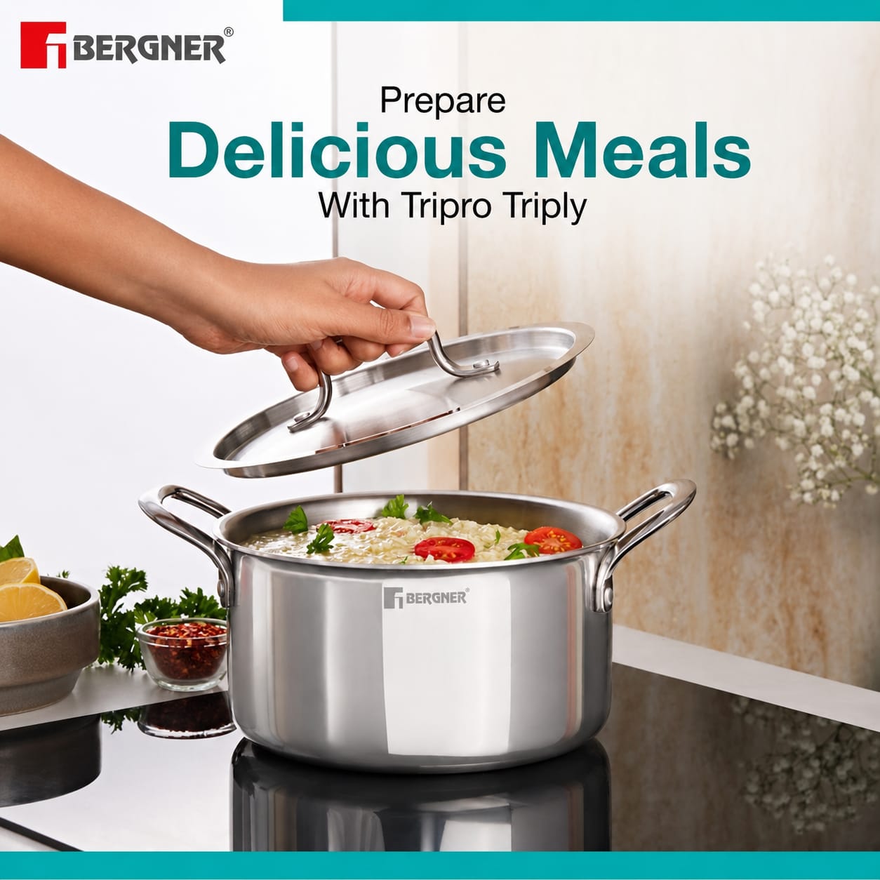 BERGNER Tripro Triply Stainless Steel 7 Piece Cookware Set with Induction Bottom & Lids (Steel)