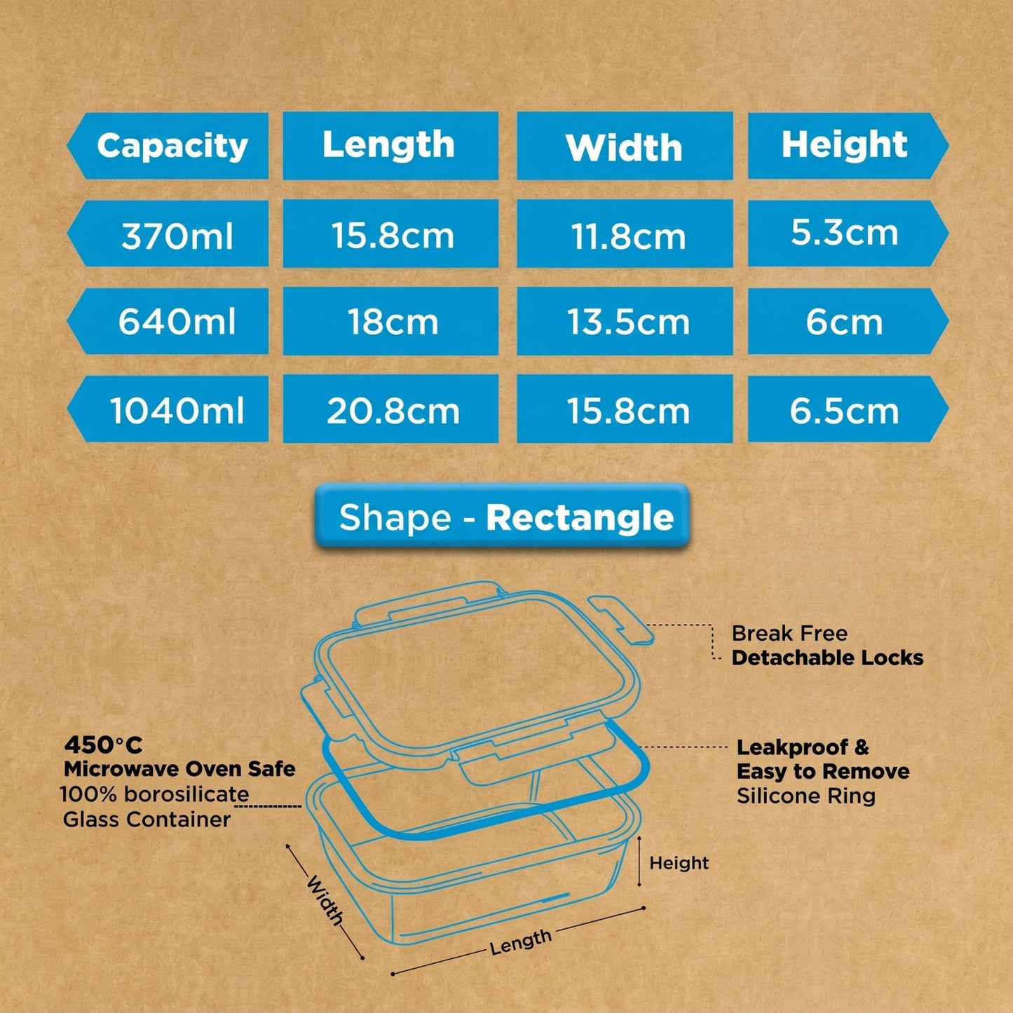 Allo Glass Food Storage Container Set – 370 ml, 640 ml & 1040 ml Airtight Borosilicate Rectangle Containers (Pack of 3, Green)