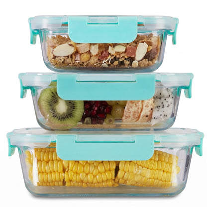 Allo Glass Food Storage Container Set – 370 ml, 640 ml & 1040 ml Airtight Borosilicate Rectangle Containers (Pack of 3, Green)