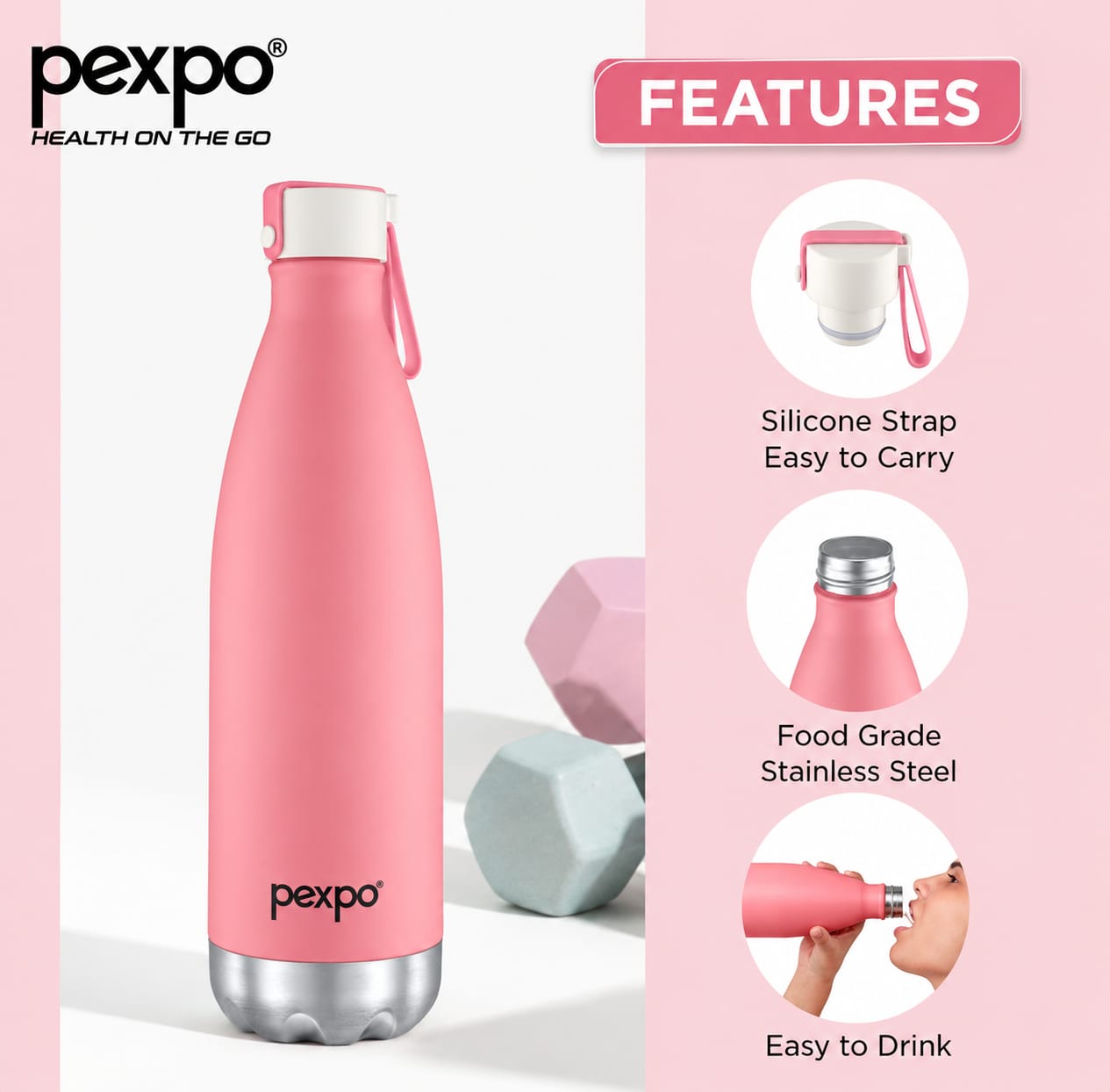 Pexpo Espresso Stainless Steel Water Bottle 980ml – 24 Hrs Hot & Cold Vacuum Insulated Flask | Leakproof (Pink)