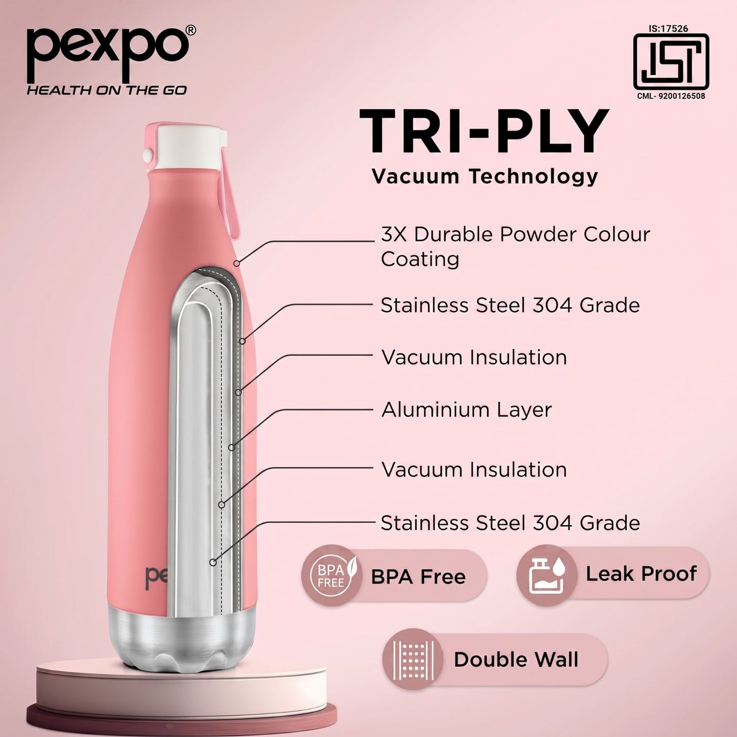 Pexpo Espresso Stainless Steel Water Bottle 980ml – 24 Hrs Hot & Cold Vacuum Insulated Flask | Leakproof (Pink)