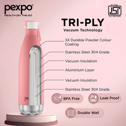Pexpo Espresso Stainless Steel Water Bottle 980ml – 24 Hrs Hot & Cold Vacuum Insulated Flask | Leakproof (Pink)