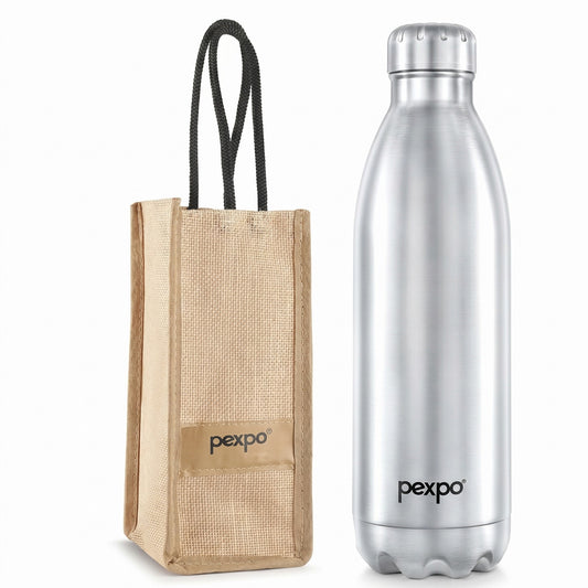 Pexpo Hot & Cold thermosteel Water Bottle with Jute-bag, Leakproof 1750 ml Steel Flask (Pack of 1, Silver)