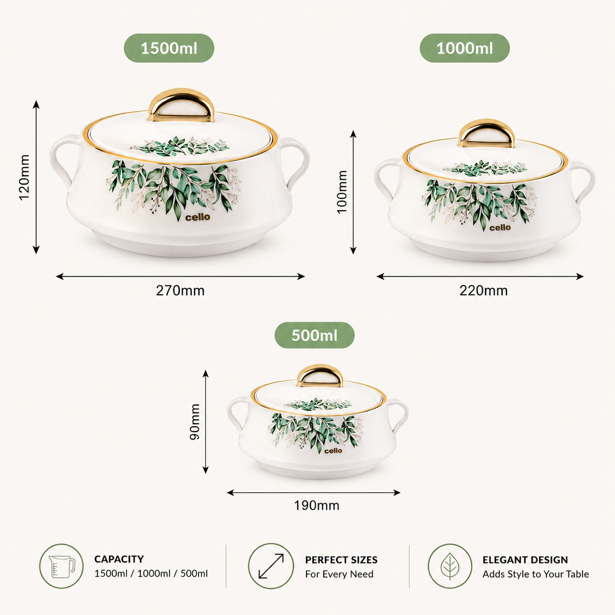 Cello Midas Pack of 3 Thermoware Casserole Set (500 ml, 1000 ml, 1500 ml)