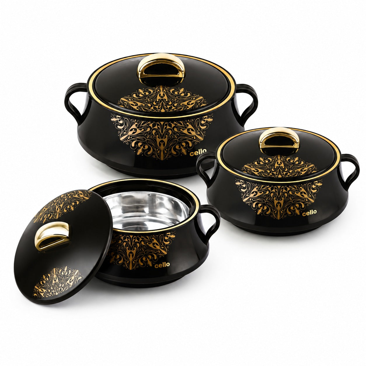 Cello Midas Pack of 3 Thermoware Casserole Set Black (500 ml, 1000 ml, 1500 ml)