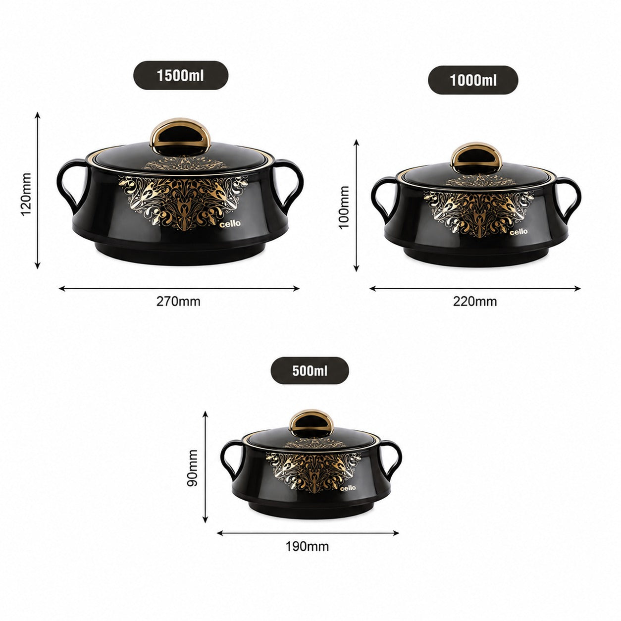 Cello Midas Pack of 3 Thermoware Casserole Set Black (500 ml, 1000 ml, 1500 ml)