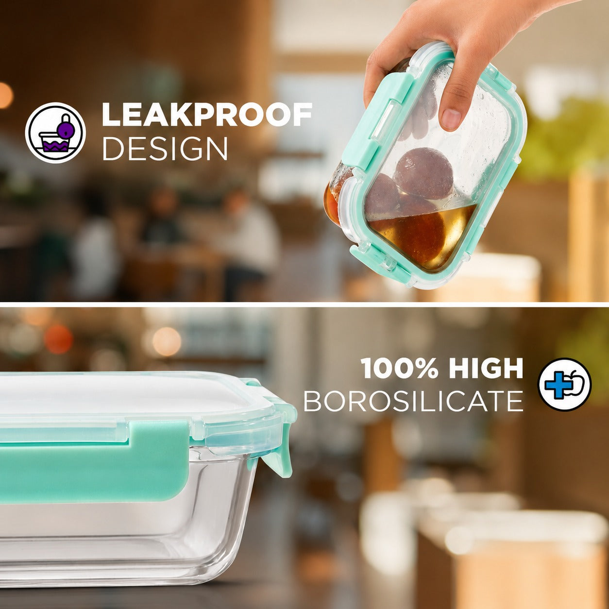 Allo Glass Food Storage Container 1520 ml – Airtight Rectangle Borosilicate Glass Fridge Container with Lock Lid (Green)