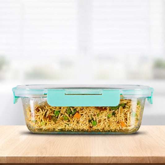 Allo Glass Food Storage Container 1520 ml – Airtight Rectangle Borosilicate Glass Fridge Container with Lock Lid (Green)
