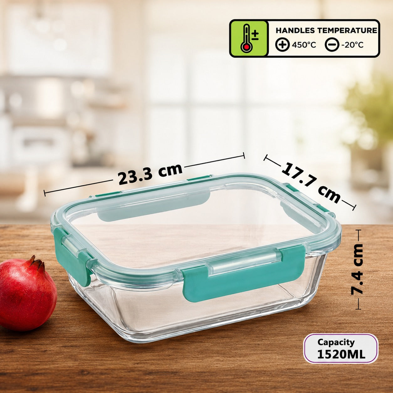 Allo Glass Food Storage Container 1520 ml – Airtight Rectangle Borosilicate Glass Fridge Container with Lock Lid (Green)