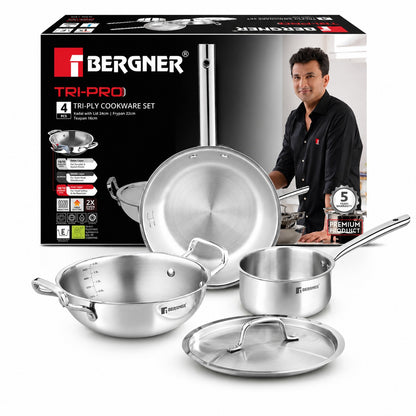 BERGNER Tripro TriPly Stainless Steel 4 Piece Induction Bottom Cookware Set (Silver)