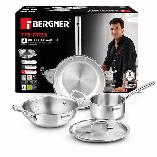 BERGNER Tripro TriPly Stainless Steel 4 Piece Induction Bottom Cookware Set (Silver)