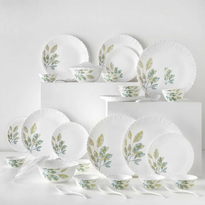 Larah by Borosil Galaxy Fauna Opalware Dinner Set 34 Pc – Plates & Bowls (Green, Microwave Safe)