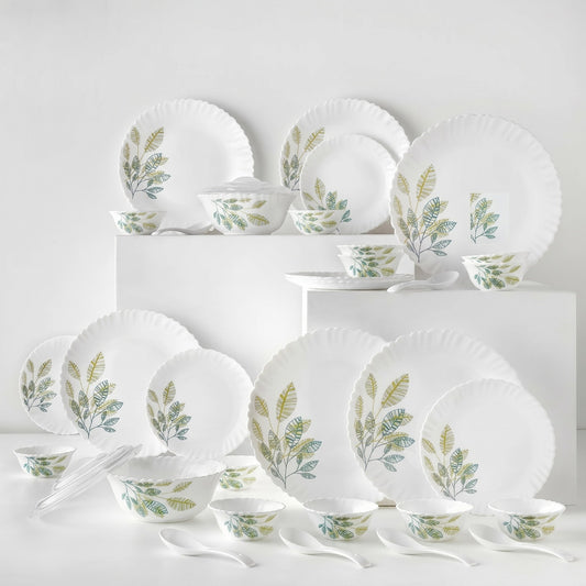 Larah by Borosil Galaxy Fauna Opalware Dinner Set 34 Pc – Plates & Bowls (Green, Microwave Safe)