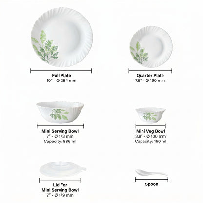 Larah by Borosil Galaxy Fauna Opalware Dinner Set 34 Pc – Plates & Bowls (Green, Microwave Safe)