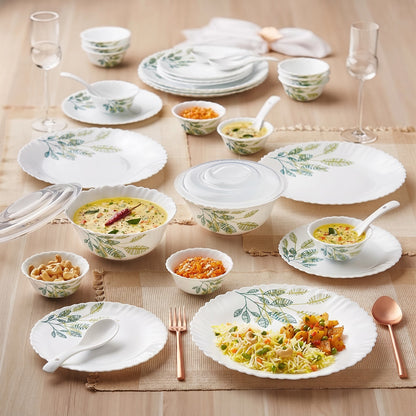 Larah by Borosil Galaxy Fauna Opalware Dinner Set 34 Pc – Plates & Bowls (Green, Microwave Safe)