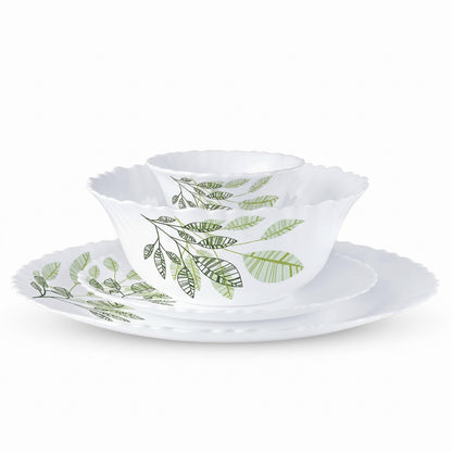 Larah by Borosil Galaxy Fauna Opalware Dinner Set 34 Pc – Plates & Bowls (Green, Microwave Safe)