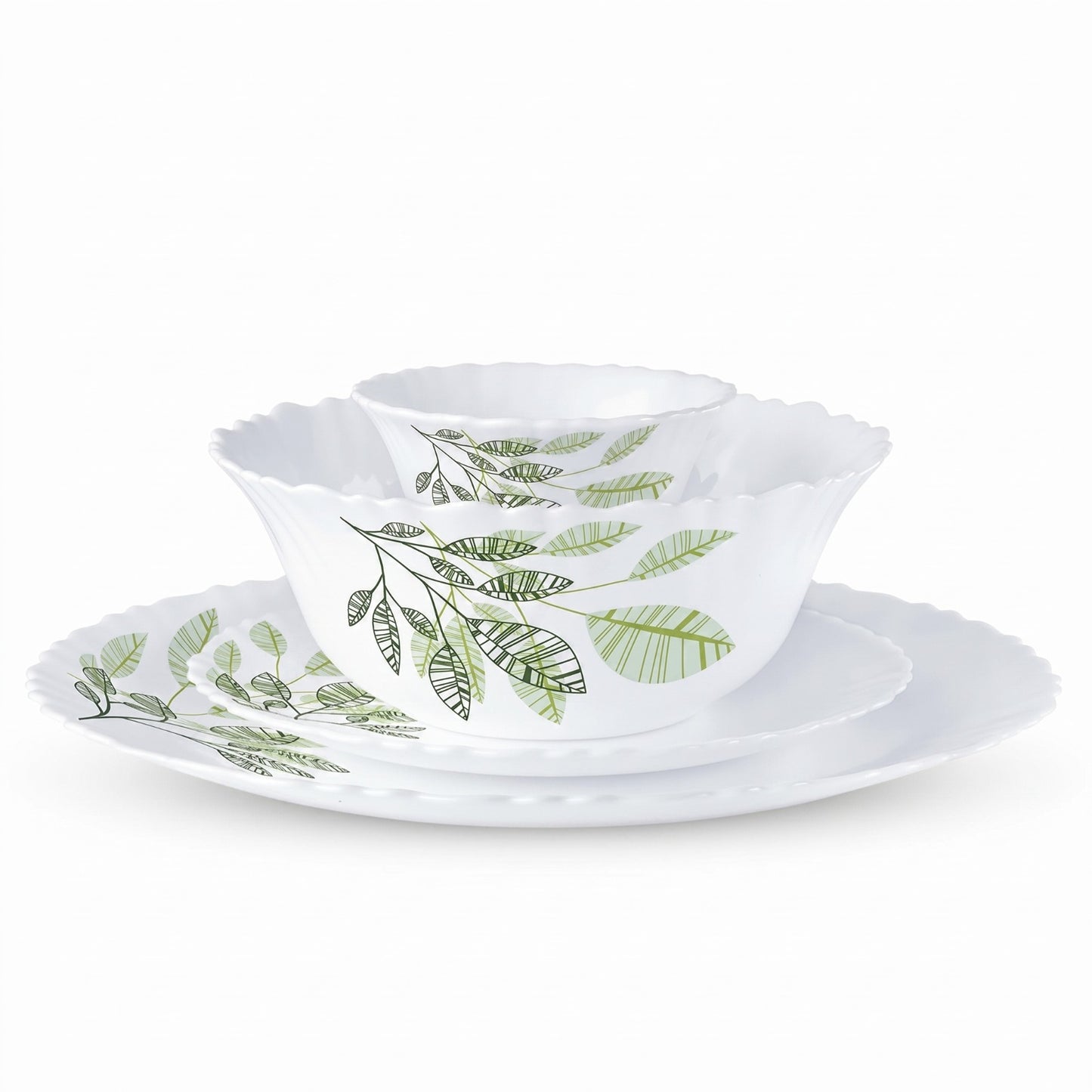 Larah by BOROSIL Pack of 17 Opalware Fauna Galaxy Series Crockery Dinner Set Green (Microwave Safe)