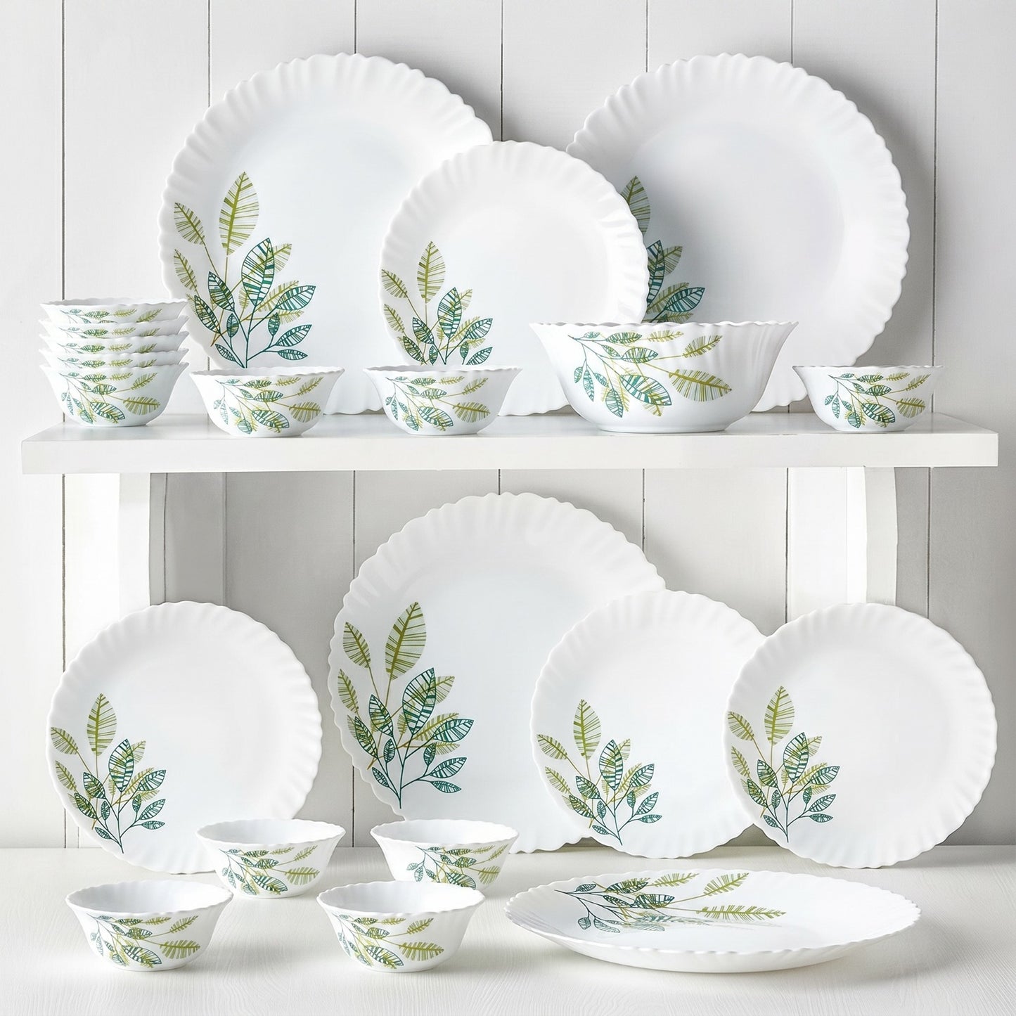 Larah by BOROSIL Pack of 17 Opalware Fauna Galaxy Series Crockery Dinner Set Green (Microwave Safe)
