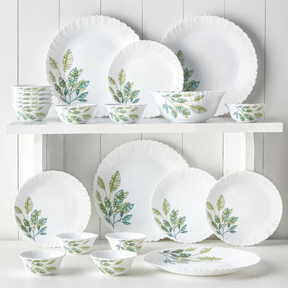 Larah by BOROSIL Pack of 17 Opalware Fauna Galaxy Series Crockery Dinner Set Green (Microwave Safe)