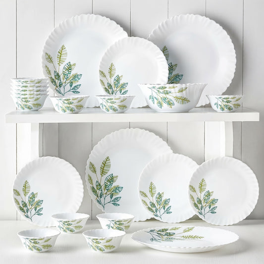 Larah by BOROSIL Pack of 17 Opalware Fauna Galaxy Series Crockery Dinner Set Green (Microwave Safe)