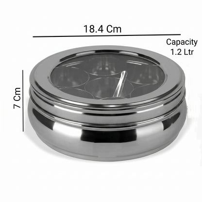 Stainless Steel Masala Box 7 Container with Glass Lid – 1200ml Spice Storage Dabba (Silver)