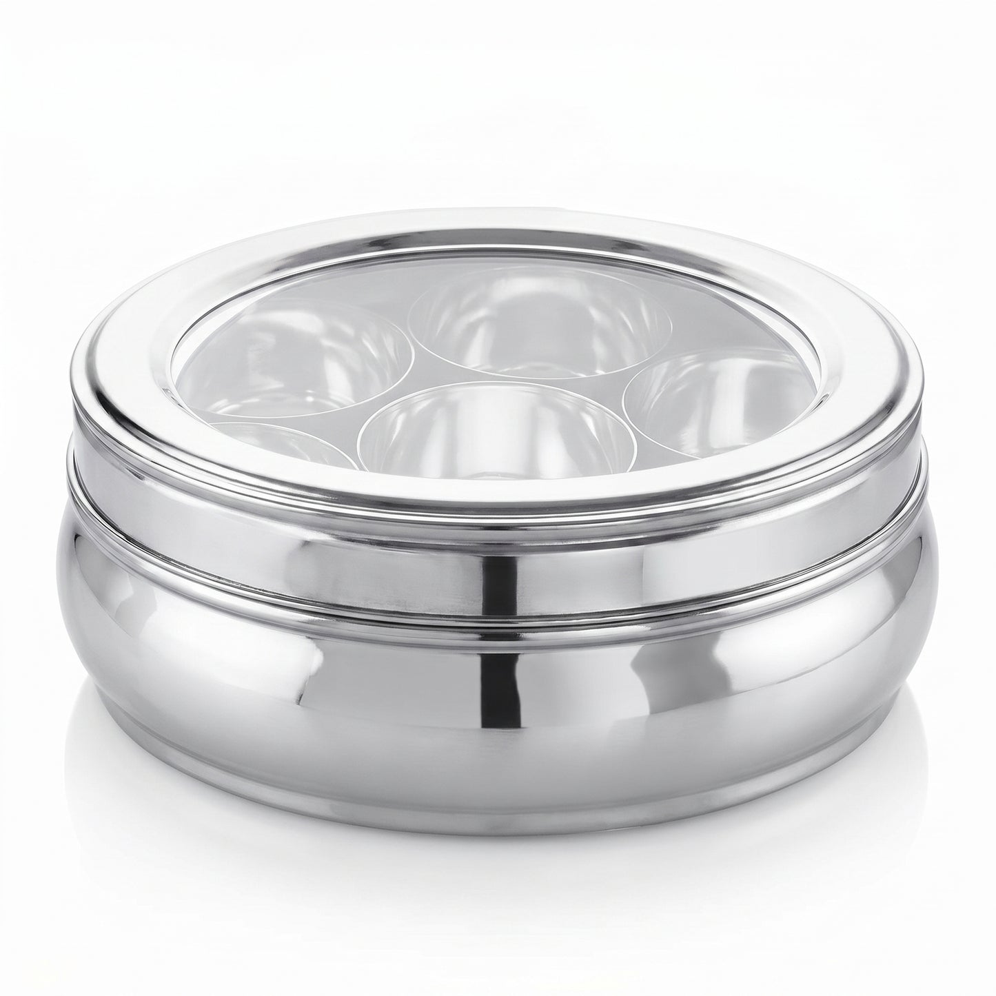 Stainless Steel Masala Box 7 Container with Glass Lid – 1200ml Spice Storage Dabba (Silver)