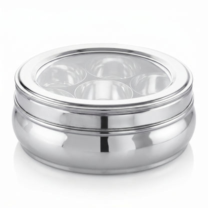 Stainless Steel Masala Box 7 Container with Glass Lid – 1200ml Spice Storage Dabba (Silver)