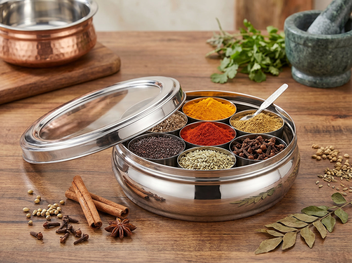 Stainless Steel Masala Box 7 Container with Glass Lid – 1200ml Spice Storage Dabba (Silver)