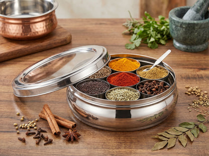 Stainless Steel Masala Box 7 Container with Glass Lid – 1200ml Spice Storage Dabba (Silver)