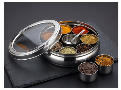 Stainless Steel Masala Box 7 Container with Glass Lid – 1200ml Spice Storage Dabba (Silver)