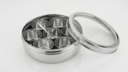 Stainless Steel Masala Box 7 Container with Glass Lid – 1200ml Spice Storage Dabba (Silver)